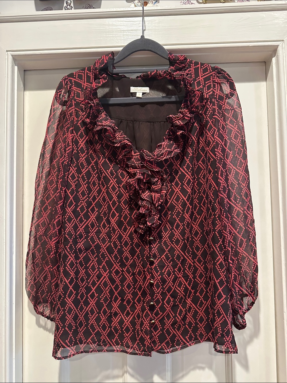 Shoshanna Black Sheer Blouse with Red Diamond Print and Ruffle Neck